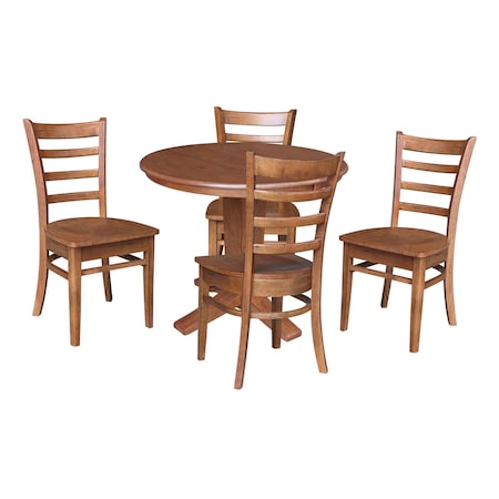International Concepts 36 in. Solid Wood Round Extension Dining Table with 4 Dining Chairs in Distressed Oak K42-36RXT-23B-C617-4